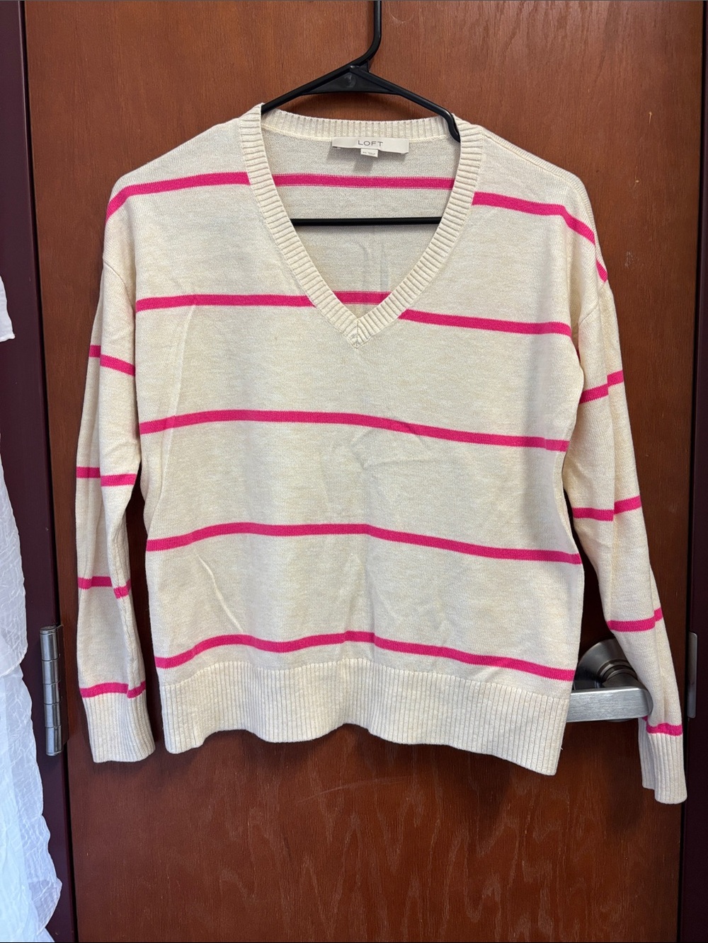 LOFT Cream V-Neck Sweater with Pink Stripes